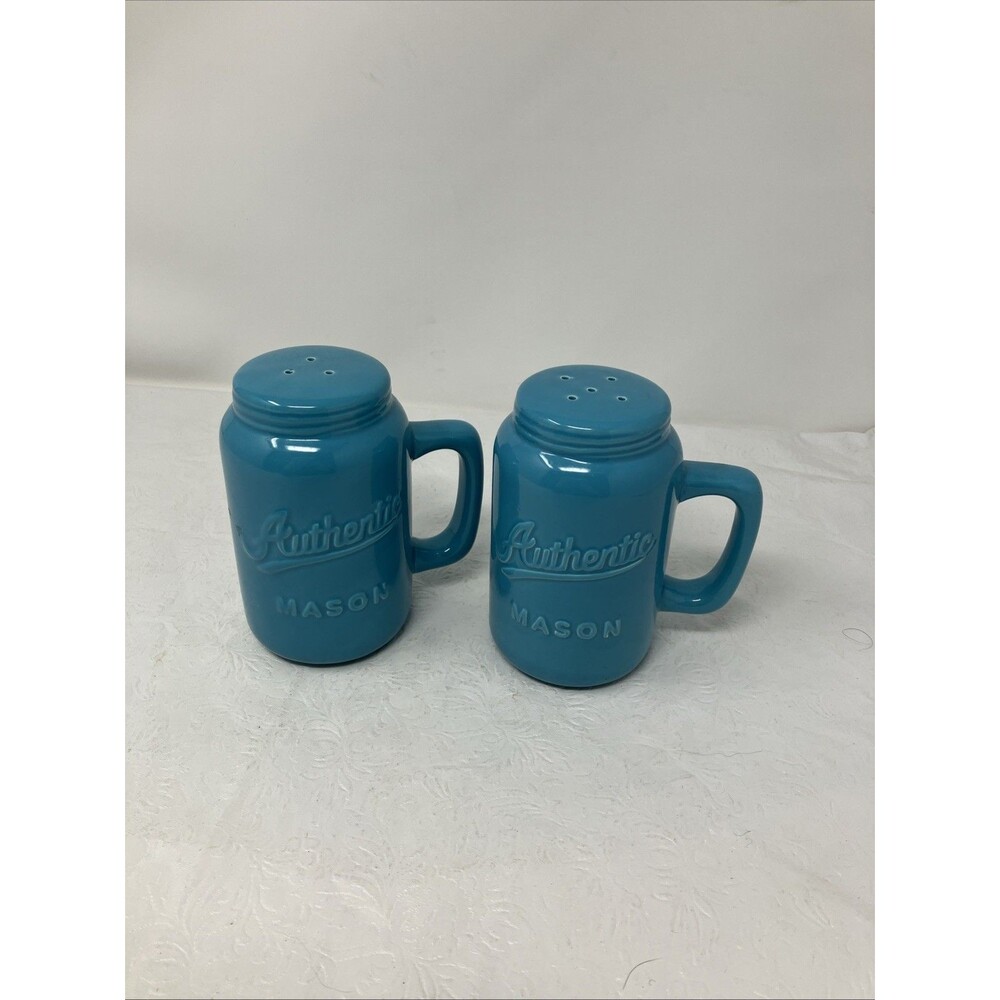 Mason Ceramic Turquoise Blue Salt Pepper Shakers Jars Spice FarmHouse 4.75” H